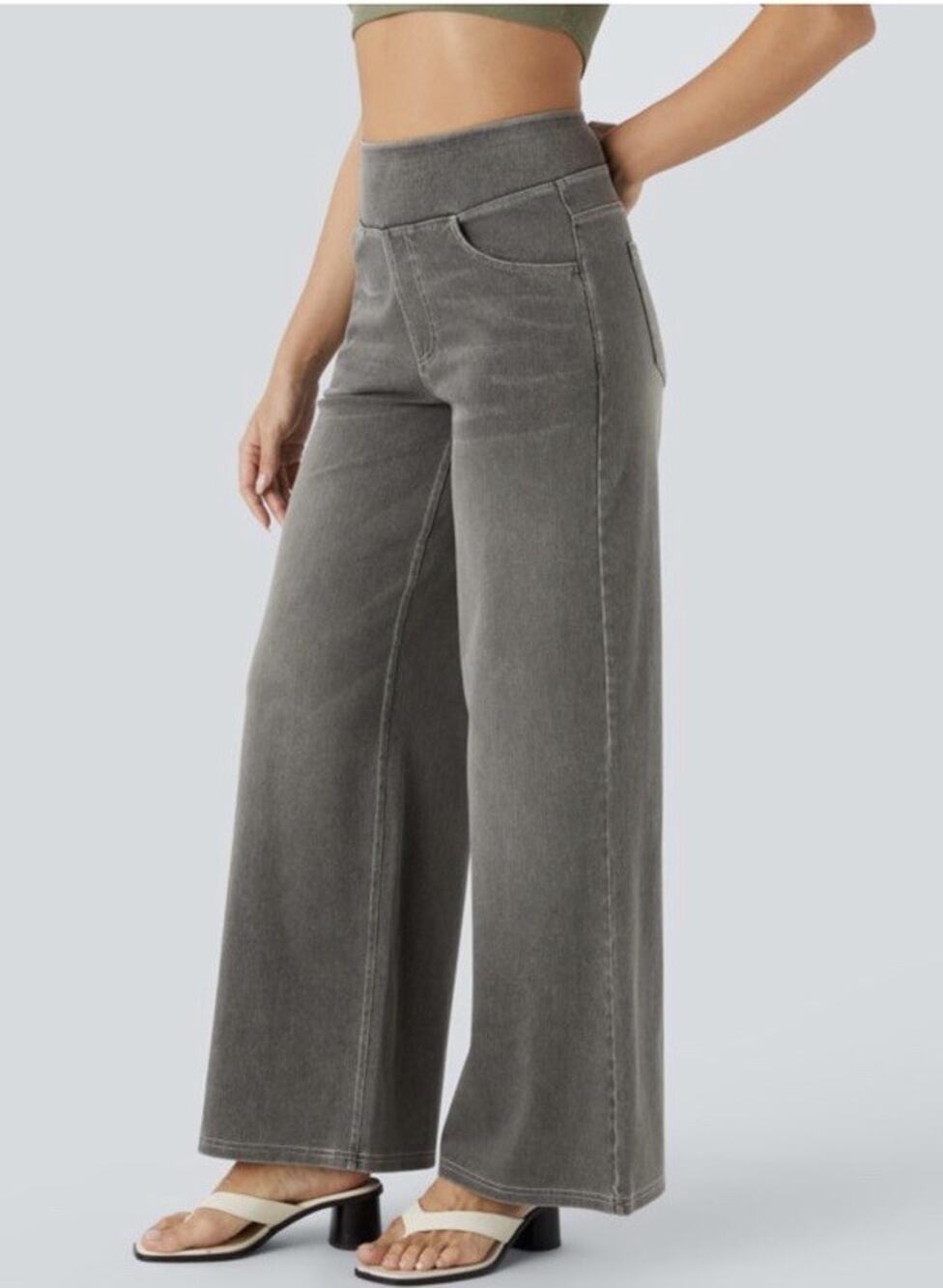 Halara Wide Leg Denim Jeans XL Petite Gray Hi-Rise Pull On Stretch Baggy Pockets